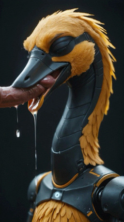 anthro bodily_fluids cum cum_drip cum_in_mouth cum_inside cybernetic_arm cybernetic_limb cybernetic_torso dripping duo feathers fellatio female futuristic genital_fluids genitals licking male male/female oral penile penis penis_lick sex tongue tongue_out yellow_body yellow_feathers ai_yiff anatid anseriform anserinae avian bird goose human mammal animated