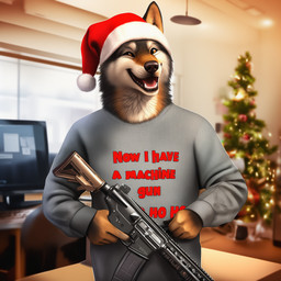 anthro assault_rifle brown_body brown_eyes brown_fur christmas christmas_clothing christmas_headwear christmas_tree clothed clothing detailed_background electronics fur grey_clothing grey_topwear gun hat headgear headwear holding_gun holding_object holding_ranged_weapon holding_weapon holidays inside looking_at_viewer machine_gun male male_anthro multicolored_body open_mouth orange_eyes plant ranged_weapon red_clothing rifle santa_hat smile solo sweater teeth text text_on_clothing tongue topwear tree weapon white_body white_fur gridanon canid canine canis mammal wolf detailed english_text hi_res novelai