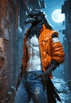 alley anthro bare_chest beak black_beak black_body black_feathers black_hands bottomwear brick_wall building chest_tuft clothing denim denim_clothing detailed_feathers feathers grey_eyes hand_on_hip jacket jeans male moon navel night outside pants paper pipe pockets rolled_up_sleeves slim_male solo standing tail_feathers talons topwear tuft unzipped wall_(structure) white_chest rune_parrot avian bird corvid magpie_(corvid) oscine passerine detailed hi_res portrait three-quarter_portrait