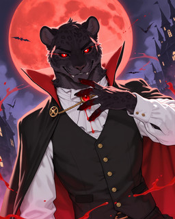 anthro black_body black_fur black_sclera blood blood_moon blood_on_face blood_on_hand bodily_fluids cape castle clothing dress_shirt dutch_angle evil_grin fangs fur glowing glowing_eyes looking_at_viewer male melanistic night pupils red_eyes shirt smile solo teeth topwear vest whiskers white_pupils burioth halloween_2025 bat felid jaguar mammal pantherine vampire absurd_res half-length_portrait hi_res portrait