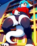 anthro blue_hair blush bookshelf bottomwear camel_toe clothing eyewear female furniture glasses hair hand_in_underwear horn low-angle_view skirt solo sweater toeless_legwear topwear underwear white_body traialas kobold hi_res