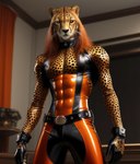 anthro cheetah clothing felid feline gloves hair handwear hi_res latex leather leather_clothing leather_gloves leather_handwear male mammal red_hair solo tight_clothing