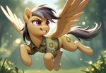 bokeh clothed clothing feathers female feral flying fur gray_hair hair lens_flare light outside plant prefect_pony_xl purple_eyes smile solo solo_focus topwear tuft wings yellow_body yellow_fur humgeogre friendship_is_magic my_little_pony daring_do_(mlp) equid equine horse mammal pegasus pony