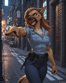 anthro bottomwear car city city_background clothed clothing female fur gesture hair long_hair open_mouth orange_eyes pants pivoted_ears pointing police police_badge police_officer police_uniform sharp_teeth shirt solo street teeth topwear tuft uniform vehicle yelling ivorymane canid canine canis domestic_dog german_shepherd herding_dog mammal pastoral_dog hi_res watermark