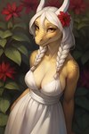 accessory anthro braided_hair clothing dragon dress elysia eyelashes female flower flower_in_hair hair hair_accessory hi_res horn looking_at_viewer plant scalie smile solo verdant white_clothing white_dress white_hair white_horn yellow_body yellow_eyes