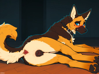 animal_genitalia animal_pussy anus blue_eyes blush brown_body brown_fur canine_genitalia canine_pussy collar collar_only female feral fluffy fluffy_tail fur genitals inner_ear_fluff nervous_expression nude pawpads paws pussy solo tan_body tan_fur tuft krickracsac canid canine canis domestic_dog german_shepherd herding_dog mammal pastoral_dog director_name hi_res