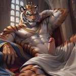 abs anthro bed bedding blanket bulgewhisper covering felid furniture genitals jewelry king_rope lying lying_on_bed male male/male mammal on_bed pantherine penis solo tiger