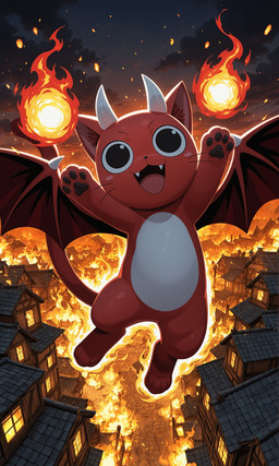2_horns 4_toes belly big_ears black_eyes black_pawpads building burning_building cloud fangs feet fire fireball flying fur horn house long_tail magic male membrane_(anatomy) membranous_wings night open_mouth open_smile outside pawpads pink_cheek plant red_body red_fur smile smiling_at_viewer solo spikes spread_wings teeth toes village whiskers white_belly wings yiff_ai_(director) fairy_tail fan_character happy_the_red demon domestic_cat exceed felid feline felis mammal absurd_res hi_res
