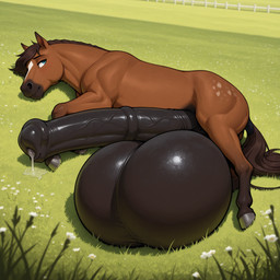 animal_genitalia animal_penis balls big_balls big_penis blue_eyes bodily_fluids brown_body brown_fur dark_balls dark_penis equine_penis feral field fur genital_fluids genitals grass hooves huge_balls huge_penis hyper hyper_balls hyper_genitalia hyper_penis leaking_precum looking_at_viewer lying lying_on_ground lying_on_side male on_side penis plant precum solo vein veiny_penis gertgrg equid equine horse mammal hi_res