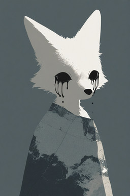 anthro black_nose black_tears bodily_fluids fur male mouthless simple_background solo standing tears white_body white_fur kbi canid canine fox humanoid mammal