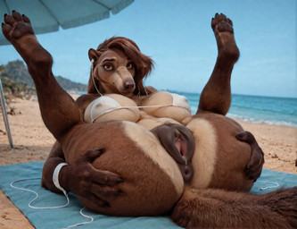 4_fingers anthro anus bangs beach big_tail bikini bikini_top bodily_fluids brown_body brown_eyes brown_fur brown_hair busty butt butt_grab claws clothing cum cum_in_pussy cum_inside duo female fingers fur genital_fluids genitals hair hair_over_eye hand_on_butt headphones legs_over_head legs_up long_snout looking_at_viewer lying male male/male multicolored_body multicolored_fur on_back one_eye_obstructed pawpads plump_labia presenting presenting_pussy pussy pussy_juice sand seaside snout solo spread_legs spread_pussy spreading swept_bangs swimwear tan_body tan_fur thick_thighs two_tone_body two_tone_fur umbrella nnam_si3 anteater human mammal pilosan xenarthran animated