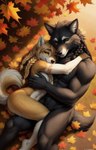 5_fingers anthro autumn black_body black_fur black_hair black_nose blonde_hair braided_hair canid canine canis cuddling detailed detailed_fur duo female fingers fur hair hi_res inner_ear_fluff leaf looking_at_viewer lying male mammal multicolored_body multicolored_fur muscular muscular_anthro muscular_male neck_fluffy nude on_back on_ground outside romantic romantic_couple tuft two_tone_body two_tone_fur white_body white_fur wolf wolfik yellow_body yellow_eyes yellow_fur