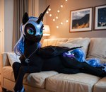 armor black_body black_fur blue_hair female feral fur furniture hair headgear helmet horn jewelry lying necklace on_front sofa solo string_lights teal_eyes wings purrfectlyai my_little_pony nightmare_moon_(mlp) equid equine horse mammal pony winged_unicorn absurd_res hi_res