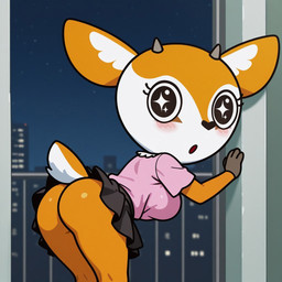 anthro apartment big_butt blush bottomwear breasts butt city city_background clothed clothing female fur looking_at_viewer looking_back no_underwear presenting presenting_hindquarters rear_view skirt solo topwear upskirt boxen549 aggretsuko sanrio tsunoda_(aggretsuko) mammal