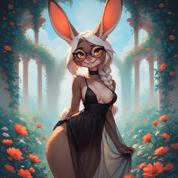 anthro black_clothing black_dress black_eyewear black_glasses braided_hair braided_ponytail breasts brown_body choker clothing curvy_figure dress ears_up eyewear female flower garden glasses hair jewelry necklace orange_eyes pillars plant ponytail sky slim smile solo standing translucent translucent_clothing white_hair ethernal hazel_lopowel lagomorph leporid mammal rabbit