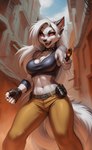 anthro bottomwear breasts canid canid_demon cleavage clothed clothing collar demon fangs female fist fur gun halfcerberus handgun hellhound hi_res loona_(helluva_boss) mammal midriff pants pistol ranged_weapon red_eyes shirt solo tank_top topwear weapon white_body white_fur