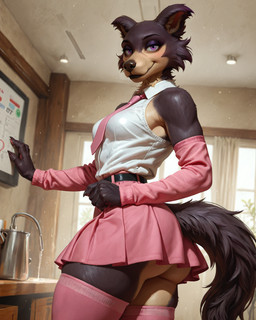 anthro armwear big_butt black_lips bottomwear breasts butt claws clothing elbow_gloves eyelashes eyeshadow female gloves handwear happy legwear lips looking_at_viewer makeup miniskirt necktie purple_eyes school_uniform side_view skirt small_breasts smile solo standing thick_thighs thigh_highs uniform wide_hips chamir136_(director) beastars juno_(beastars) canid canine canis humanoid mammal wolf hi_res
