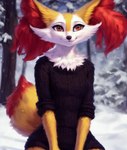 absurd_res ambiguous_gender anthro braixen canid canine clothing detailed generation_6_pokemon hi_res kadoodlebob looking_away mammal nature outside pokemon_(species) portrait smile smirk snow solo sweater three-quarter_portrait topwear