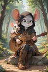 anthro belt big_ears big_eyes boots breasts brown_eyes buckteeth cheerful claws clothing dirt duo female feral footwear forest fur grass green_eyes grey_body grey_fur guitar hood leather leather_clothing medieval_clothing mouse_ears mouse_tail musical_instrument pink_nose plant playing_music plucked_string_instrument sitting_on_rock small_breasts smile string_instrument teeth tree white_body white_fur fenix_ai mammal mouse murid murine rodent hi_res