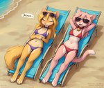 anthro asleep beach beach_chair bell bell_collar bikini blonde_hair blush breasts camel_toe clothed clothing collar duo eyes_closed eyewear eyewear_on_head female fur hair lying medium_breasts on_back open_mouth outside pink_body pink_fur pink_hair seaside sleeping smile sound_effects sunglasses sunglasses_on_head swimwear water yellow_body yellow_fur zzz anonymous_director cathy_(character) mila_minx domestic_cat felid feline felis mammal mink mustelid musteline true_musteline 2024 absurd_res attempted_signature hi_res