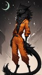 anthro beak black_body black_fur breasts claws clothing digitigrade feet female fluffy fur green_sclera jumpsuit long_tail neck_tuft orange_clothing slim small_breasts solo spots star tail_tuft tuft unzipped oldhroft shadow_(oldhroft) avian velari absurd_res hi_res