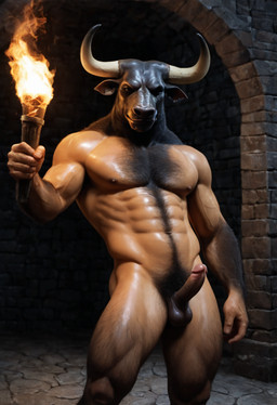 abs anthro athletic athletic_male balls biceps body_hair chest_hair darkened_genitalia dungeon erection genitals glans greek_mythology hairy_legs happy_trail humanoid_genitalia male muscular muscular_male muscular_thighs nipples obliques pecs penis pinup pose solo torch sibrat bovid bovine humanoid mammal minotaur hi_res