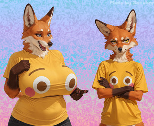 5_fingers annoyed anthro big_breasts black_claws black_nose blue_eyes breasts brown_body brown_fur claws clothing crossed_arms duo female female/female fingers flat_chested flushed_emoji_shirt fur gesture gradient_background hand_on_breast laughing looking_at_another looking_away open_mouth orange_body orange_fur pawpads pink_pawpads pointing pointing_at_another shirt simple_background t-shirt teeth text topwear white_body white_fur yellow_clothing yellow_eyes zaxxxer_(director) meme_2026 canid canine fox mammal director_name english_text hi_res signature