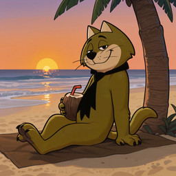 anthro beach coconut drupe_(fruit) food fruit male necktie plant seaside solo hanna-barbera top_cat_(series) spook_(top_cat) domestic_cat felid feline felis mammal hi_res