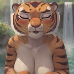 anonymous_director anthro big_breasts blush breasts eyes_closed felid female hot_spring kiss kissing mammal master_tigress muscular muscular_female nude_female outdoor_nudity pantherine sagging_breasts solo tiger water waterfall wet wet_body