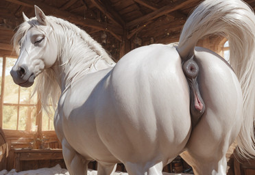 animal_genitalia animal_pussy anus barn black_pussy blonde_hair equine_anus equine_genitalia equine_pussy eyes_closed female feral genitals hair looking_at_viewer looking_back nude nude_female puffy_anus pussy raised_tail solo standing tail_up white_body mare_fan_ultimate equid equine mammal
