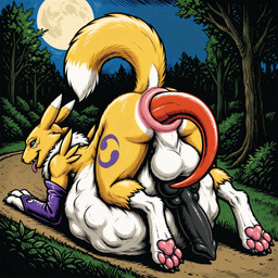 4_toes almost_fully_inside anal anal_vore animal_genitalia animal_penis anthro anus ass_up balls belly big_balls big_belly big_penis black_claws black_penis black_sclera black_toe_claws blue_eyes blue_sky butt canine_genitalia canine_penis claws countershading duo fangs feet forest fur furry_balls genitals hyper hyper_belly knot lying male markings moon multi_genitalia multi_knot neck_tuft night on_front on_ground open_mouth open_smile outside pawpads penis perineum pink_anus pink_pawpads pink_tongue plant puffy_anus purple_markings raised_tail rear_view sky smile tail teeth toe_claws toes tongue tongue_out tree tuft vore white_balls white_body white_countershading yellow_body yellow_fur thedavid digimon digimon_(species) guilmon renamon hi_res