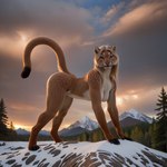 all_fours anthro blonde_hair cloudy digitigrade female forest fur hair long_hair looking_at_viewer mountains multicolored_body multicolored_fur nude plant ponyrealism_(model) rock_path smile snow solo sunset tree director_crashbandit cougar felid feline mammal pantherine