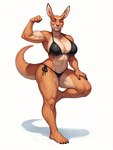 4_fingers 4_toes abs anthro barefoot biceps big_breasts bikini black_clothing black_swimwear breasts brown_body brown_fur claws cleavage clothed clothing confident eyebrows feet female fingers flexing flexing_bicep fur looking_at_viewer muscular muscular_anthro muscular_arms muscular_female muscular_thighs navel on_one_leg plantigrade pose side-tie_bikini simple_background smile solo standing string_bikini swimwear tail tan_body tan_fur thick_thighs toe_claws toes white_background anonymous_director kangaroo macropod mammal marsupial hi_res