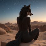 anthro black_body black_hair breasts desert female hair looking_back side_boob sitting sky solo star starry_sky tail tarklanse canid canine canis mammal wolf