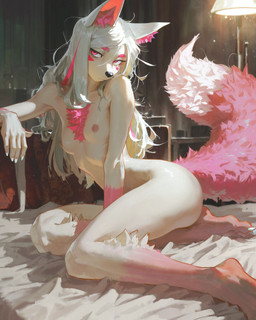anthro female fluffy hair male male/female nipples nude nude_female paws pink_body pink_ears pink_eyes sitting slim solo tail white_body white_hair zeez18 yoki_j_(yj) canid canine fox mammal absurd_res hi_res