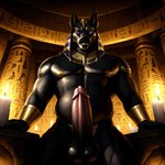 absurd_res anthro anubian_jackal anubis balls belly bodily_fluids candle canid canine canis deity egyptian egyptian_headdress egyptian_mythology genital_fluids genitals hi_res hyper_realistic jackal male mammal nipples pecs penis precum pup_tobey realistic solo temple