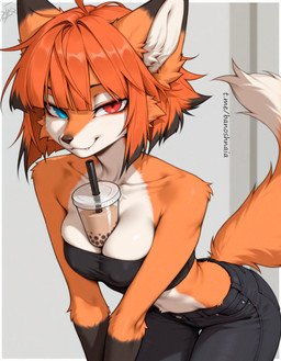 anthro beverage blue_eyes bottomwear bubble_tea clothing crop_top denim denim_clothing female hair half-closed_eyes heterochromia hime_cut jeans narrowed_eyes pants red_eyes seductive_smirk shirt short_hair solo topwear djar17 canid canine fox mammal absurd_res hi_res