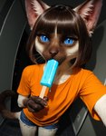anthro bangs biped blue_eyes blue_jean_shorts food gynomorph inner_ear_fluff intersex popsicle prick_ears solo tuft anonymous_director invoke_high felid feline mammal hi_res