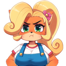 accessory angry anthro big_breasts blonde_hair breasts clothing curled_hair eyelashes female flower flower_in_hair fur green_eyes hair hair_accessory long_hair looking_at_viewer orange_body orange_fur overalls plant shirt simple_background solo topwear upper_body anonymous_director activision crash_bandicoot_(series) coco_bandicoot bandicoot mammal marsupial hi_res
