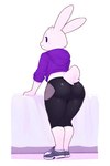 anthro bed big_butt bottomwear butt clothing female footwear fur furniture hoodie jacket leggings legwear midriff pants shoes short_tail simple_background sneakers solo spandex thick_thighs tight_clothing topwear white_body white_fur yoga_pants lagomorph leporid mammal rabbit hi_res