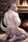 anthro balls butt canid canine canis christmas_tree clothing domestic_dog feet fireplace fur genitals grey_body male mammal muscular pit_bull plant sharktail26 smile solo sweater tail thick_thighs topwear tree white_body white_fur