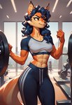 abs anthro biceps blue_hair bottomwear clothed clothing dumbbell female fur gym gym_bottomwear gym_clothing gym_topwear hair looking_away muscular muscular_anthro muscular_female sly_cooper_(series) smile solo topwear tuft weights wide_hips leconveir carmelita_fox canid canine fox mammal hi_res