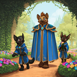 ambiguous_gender anthro clothed clothing flower fur garden group multicolored_body multicolored_fur paws plant robe young plapenjoyer hyaenid mammal spotted_hyena