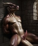 abs against_surface against_wall animal_genitalia anthro brown_body brown_scales cloaca curved_horn day detailed_background detailed_scales dungeon erection genitals hands_behind_back horn inside male muscular muscular_arms muscular_male on_ground penis prison realistic red_body red_scales scales sitting sitting_on_ground smile solo spread_legs spreading stone_floor stone_wall tail_between_legs tan_body tan_scales tapering_penis wall_(structure) white_horn window siriuscavern lizardfolk lizardman reptile scalie detailed