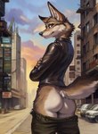 anonymous_director anthro bottomwear butt canid canine canis city clothing female fur hi_res jacket leather leather_clothing leather_jacket leather_topwear looking_at_viewer looking_back looking_back_at_viewer mammal multicolored_body multicolored_fur outside pants seductive sky solo topwear two_tone_body two_tone_fur wolf