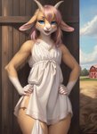 ambiguous_gender anthro barn blue_eyes blue_sky bovid caprine clothing cloud dress female fur goat hair hands_on_hips hi_res highlights_(coloring) horn icefoxai mammal open_mouth pink_hair pink_nose seductive sky solo white_clothing white_dress yellow_body yellow_fur