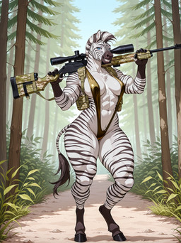 4_fingers abs anthro bikini black_body black_fur blue_eyes breasts camo camo_clothing camo_print clenched_teeth clothing eyebrows eyelashes female fingers forest forest_background fur grass gun holding_gun holding_object holding_rifle holding_weapon hooved_fingers hooves inner_ear_fluff load_bearing_vest medium_breasts mohawk muscular muscular_arms muscular_legs nature nature_background outside pattern_clothing plant prick_ears raised_arms ranged_weapon rifle sling_bikini smile smirk sniper_rifle solo solo_focus standing striped_body striped_fur stripes swimwear tactical_gear tail tail_tuft teeth thick_thighs topwear tree tuft vest weapon weapon_on_shoulder white_body white_fur wide_hips zaxxxer_(director) equid equine mammal zebra absurd_res hi_res shaded soft_shading