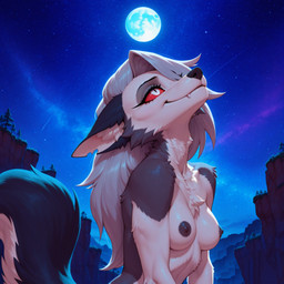 anthro breasts dark_nipples female hair light long_hair looking_up moon moonlight red_sclera small_breasts solo tail white_eyes thygap hellaverse helluva_boss loona_(helluva_boss) canid canid_demon canine canis demon hellhound mammal wolf hi_res portrait