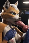 animal_genitalia animal_penis anthro bodily_fluids breasts canid canine canine_genitalia canine_penis crossgender duo fellatio female fox fox_mccloud genitals hi_res krystal male male/female mammal mtf_crossgender nipples oral penile penis rule63 saliva sex