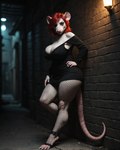 alley anthro big_breasts black_clothing black_dress breasts bulging_breasts claws cleavage clothed clothing dress eyeshadow female fishnet fishnet_legwear fur hair hand_on_hip huge_breasts leaning_on_wall legwear looking_at_viewer makeup raised_leg rat_tail red_hair seductive slightly_chubby solo white_body white_fur nealime mammal murid murine rat rodent hi_res